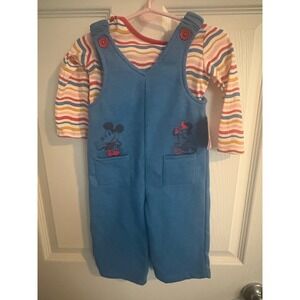 Disney Toddler 12M Blue Mickey Minnie Mouse Overalls Set‎ Striped Long Sleeve